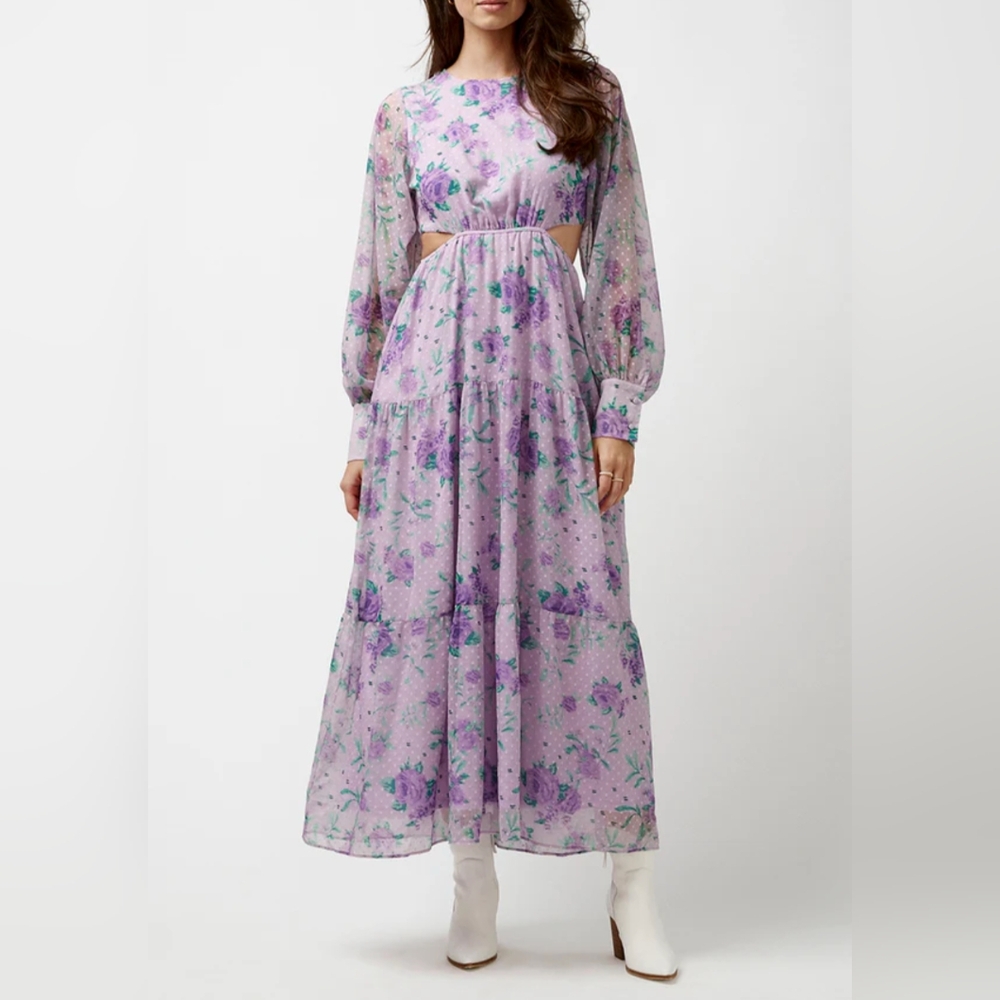 BUFFALO* Marceline purple floral side cut out, tiered, sheer/lined boho dress  L
